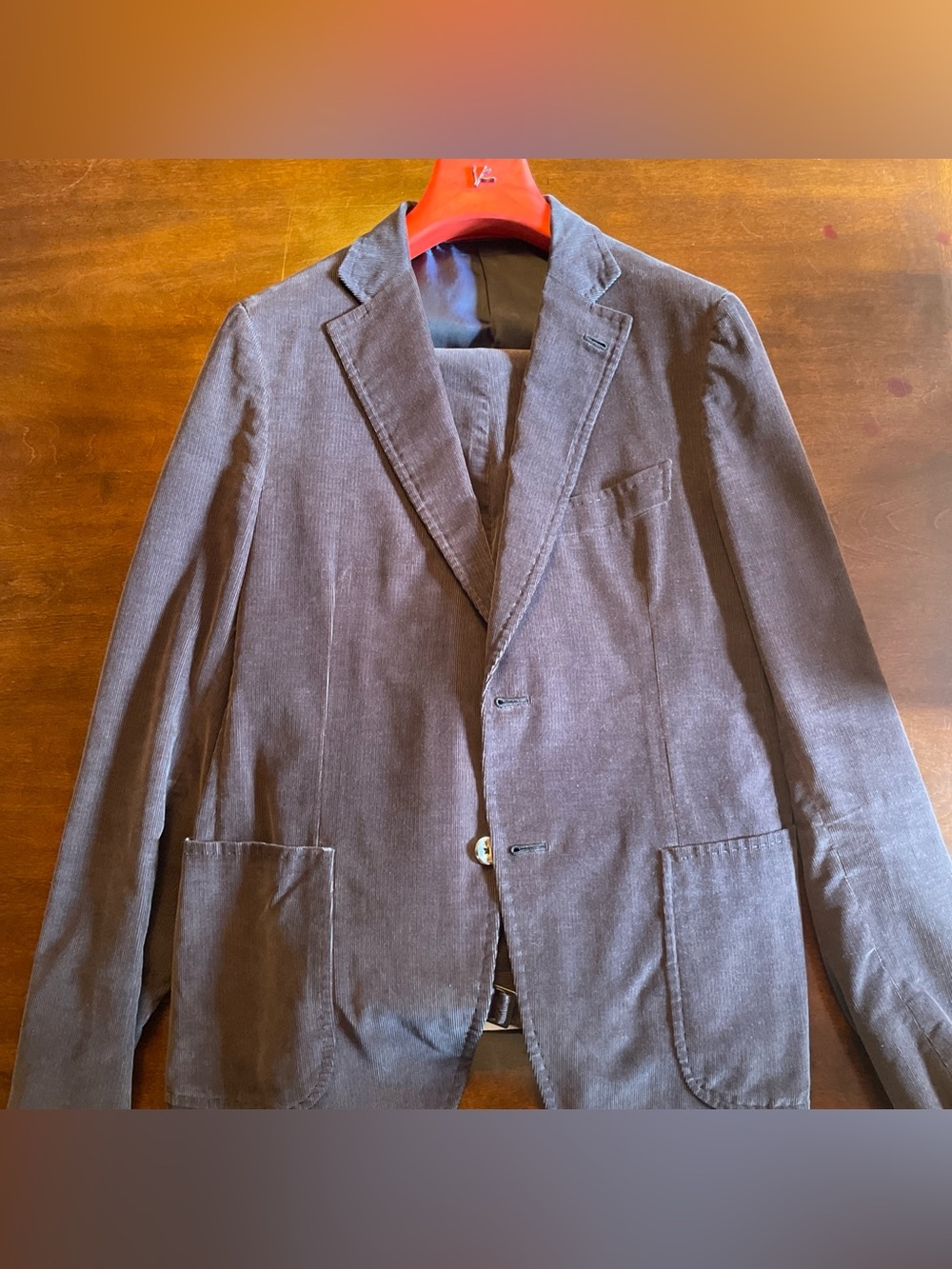 Isaia Base Cortina Navy Corduroy Suit 50R EU Made In Italy EUC With Hanger & Pin